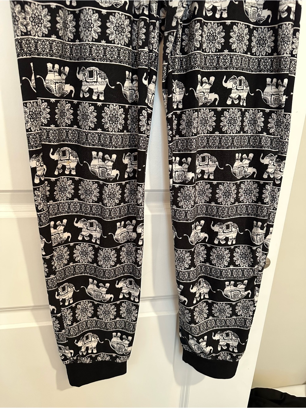 Black and White Elephant Print Jogger Pants with Elastic Waist Band Size Small - Picture 3 of 12